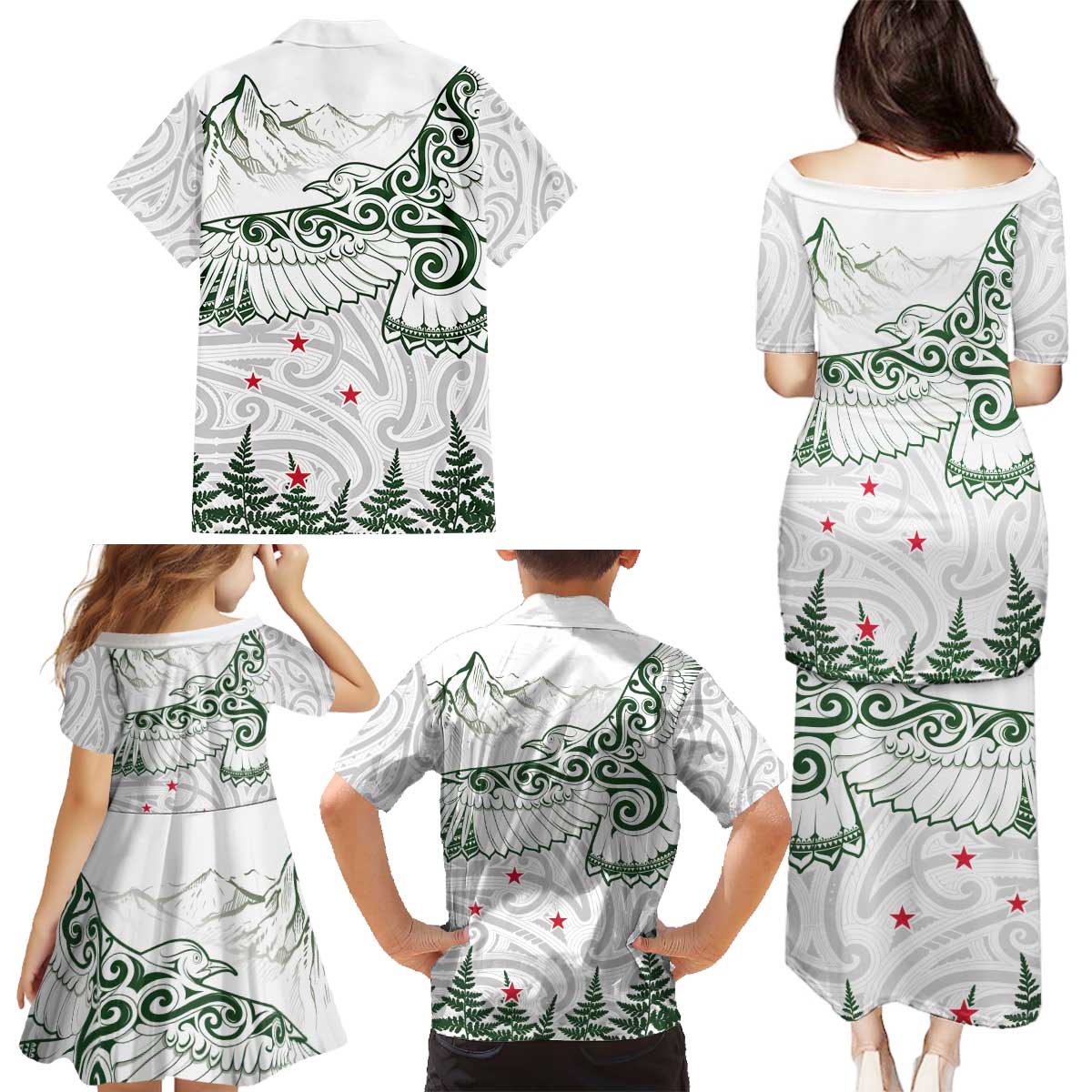 New Zealand Kea Bird Family Matching Puletasi and Hawaiian Shirt Maori Tattoo and Silver Fern Green Color LT03 - Polynesian Pride