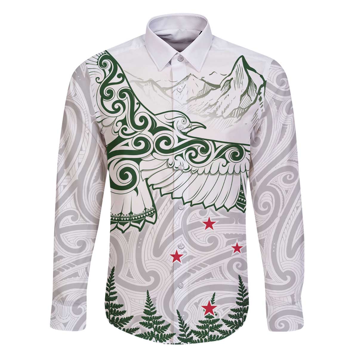 New Zealand Kea Bird Family Matching Puletasi and Hawaiian Shirt Maori Tattoo and Silver Fern Green Color LT03 Dad's Shirt - Long Sleeve White - Polynesian Pride