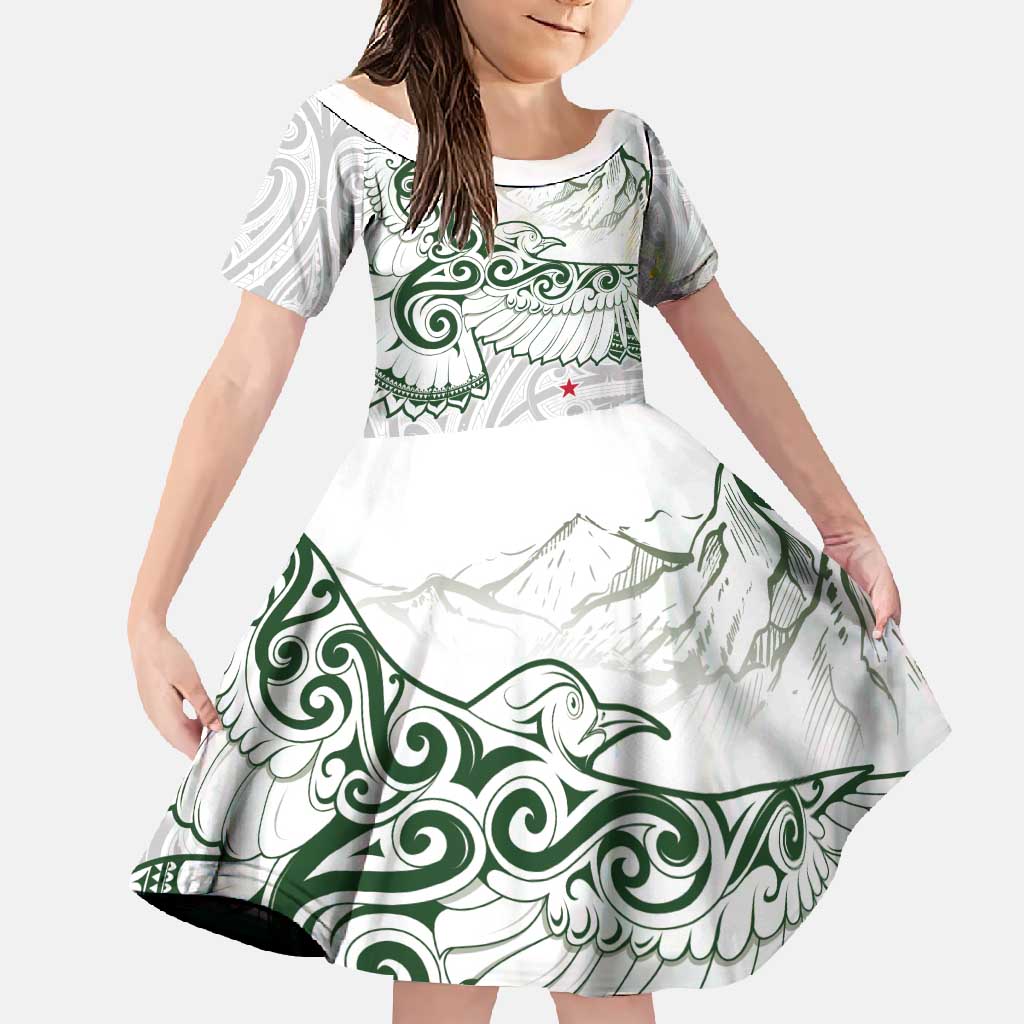 New Zealand Kea Bird Family Matching Summer Maxi Dress and Hawaiian Shirt Maori Tattoo and Silver Fern Green Color LT03 Daughter's Dress White - Polynesian Pride