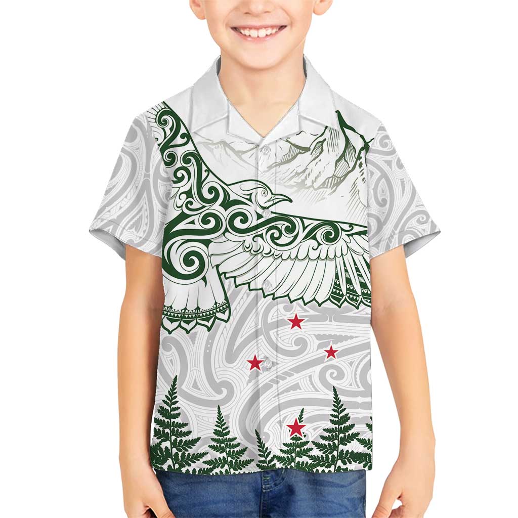 New Zealand Kea Bird Family Matching Summer Maxi Dress and Hawaiian Shirt Maori Tattoo and Silver Fern Green Color LT03 Son's Shirt White - Polynesian Pride