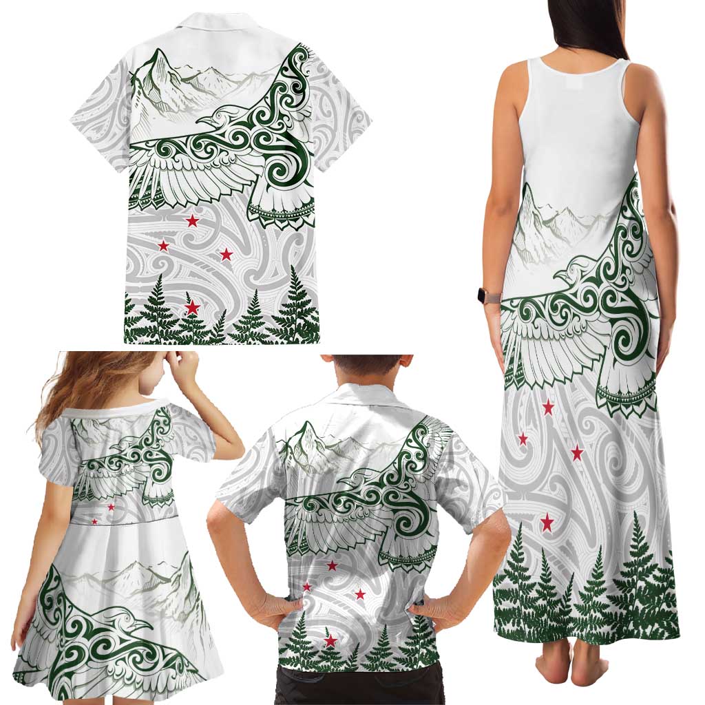 New Zealand Kea Bird Family Matching Tank Maxi Dress and Hawaiian Shirt Maori Tattoo and Silver Fern Green Color LT03 - Polynesian Pride