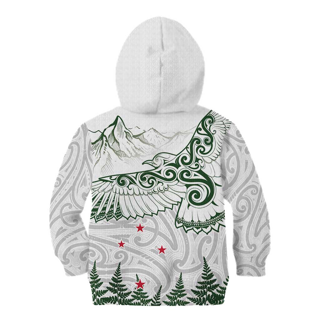 New Zealand Kea Bird Kid Hoodie Maori Tattoo and Silver Fern Green Color