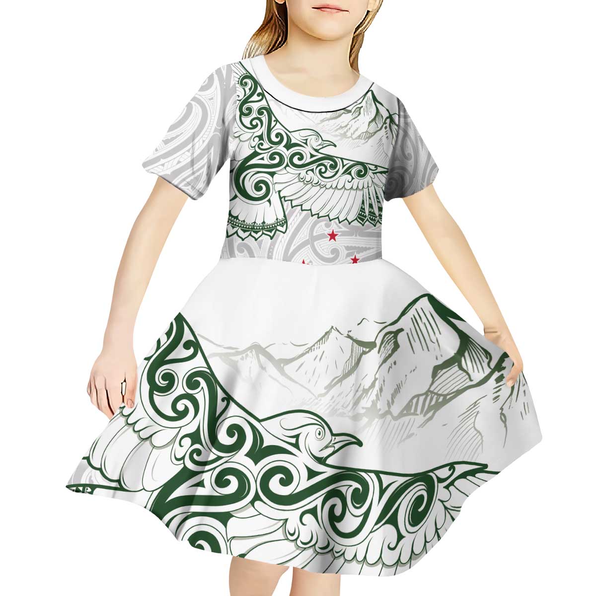 New Zealand Kea Bird Kid Short Sleeve Dress Maori Tattoo and Silver Fern Green Color