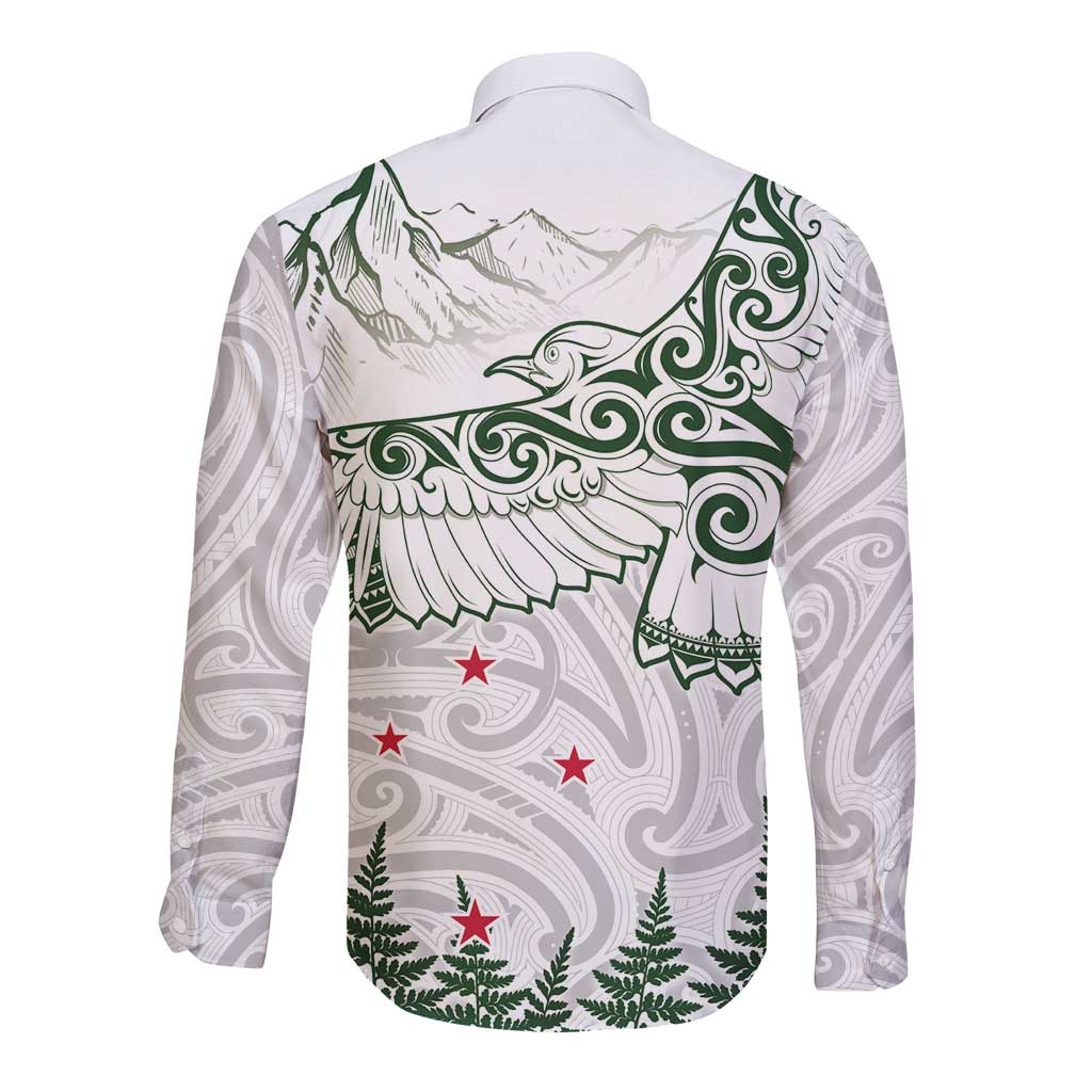 New Zealand Kea Bird Long Sleeve Button Shirt Maori Tattoo and Silver Fern Green Color