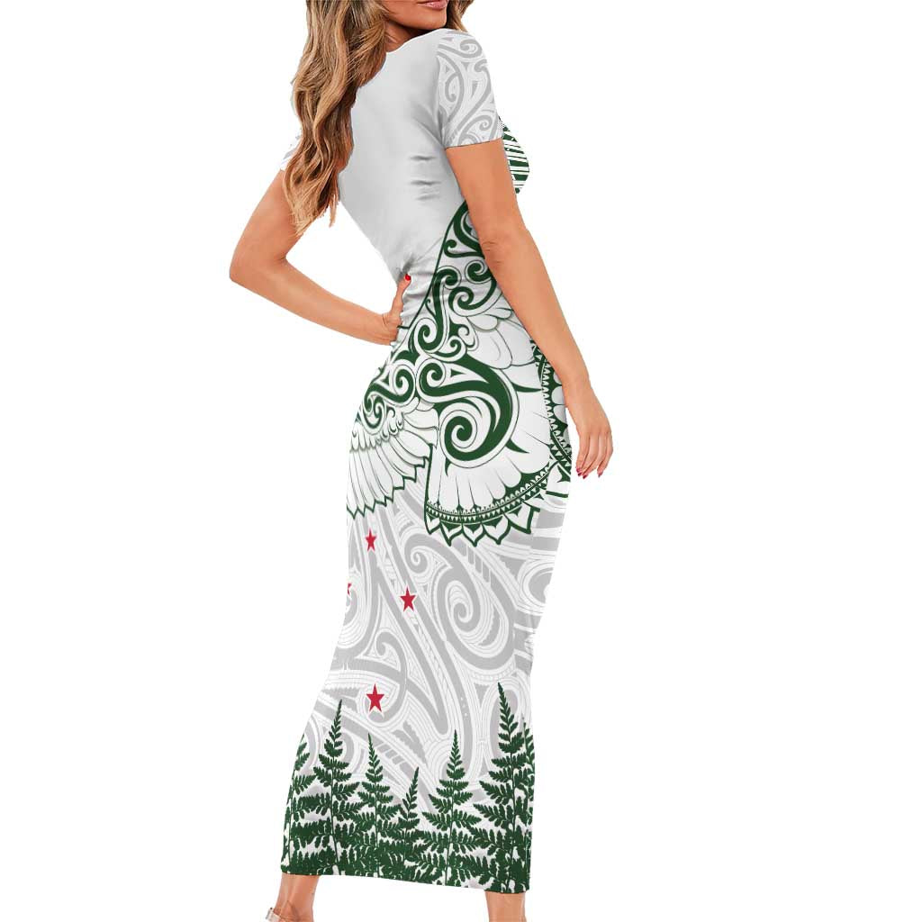 New Zealand Kea Bird Short Sleeve Bodycon Dress Maori Tattoo and Silver Fern Green Color