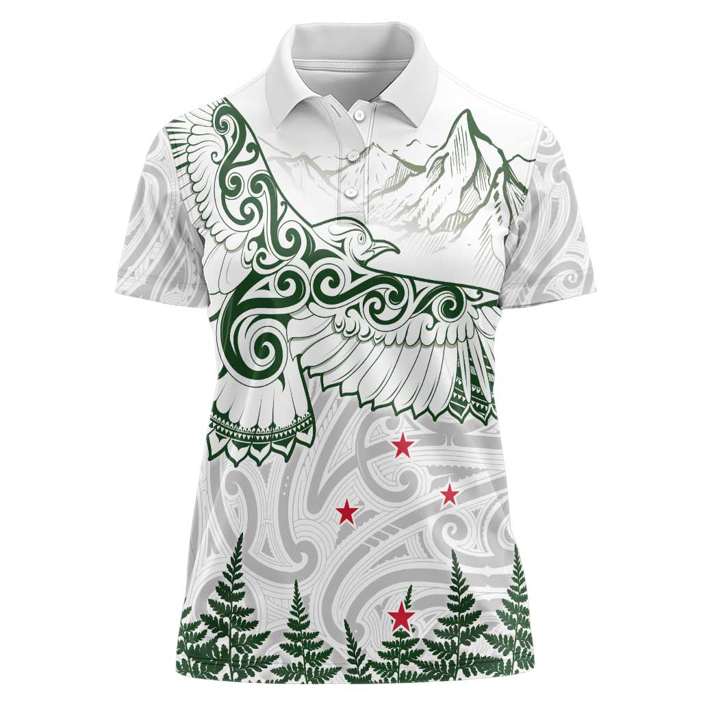 New Zealand Kea Bird Women Polo Shirt Maori Tattoo and Silver Fern Green Color