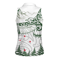 New Zealand Kea Bird Women Sleeveless Polo Shirt Maori Tattoo and Silver Fern Green Color