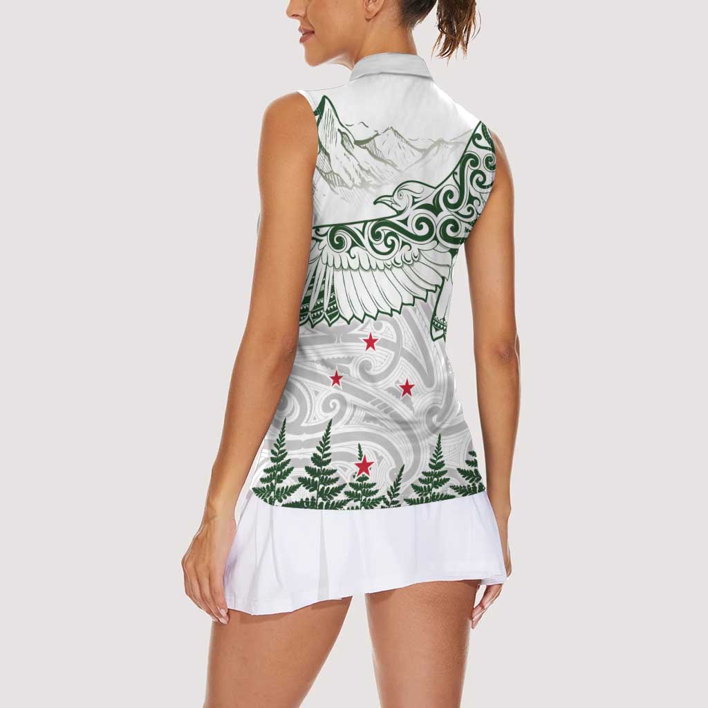 New Zealand Kea Bird Women Sleeveless Polo Shirt Maori Tattoo and Silver Fern Green Color