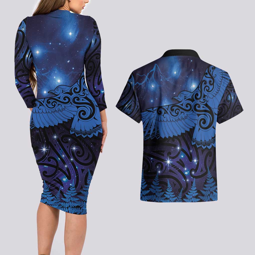 New Zealand Kea Bird Couples Matching Long Sleeve Bodycon Dress and Hawaiian Shirt Maori Tattoo and Silver Fern Matariki Style LT03 - Polynesian Pride