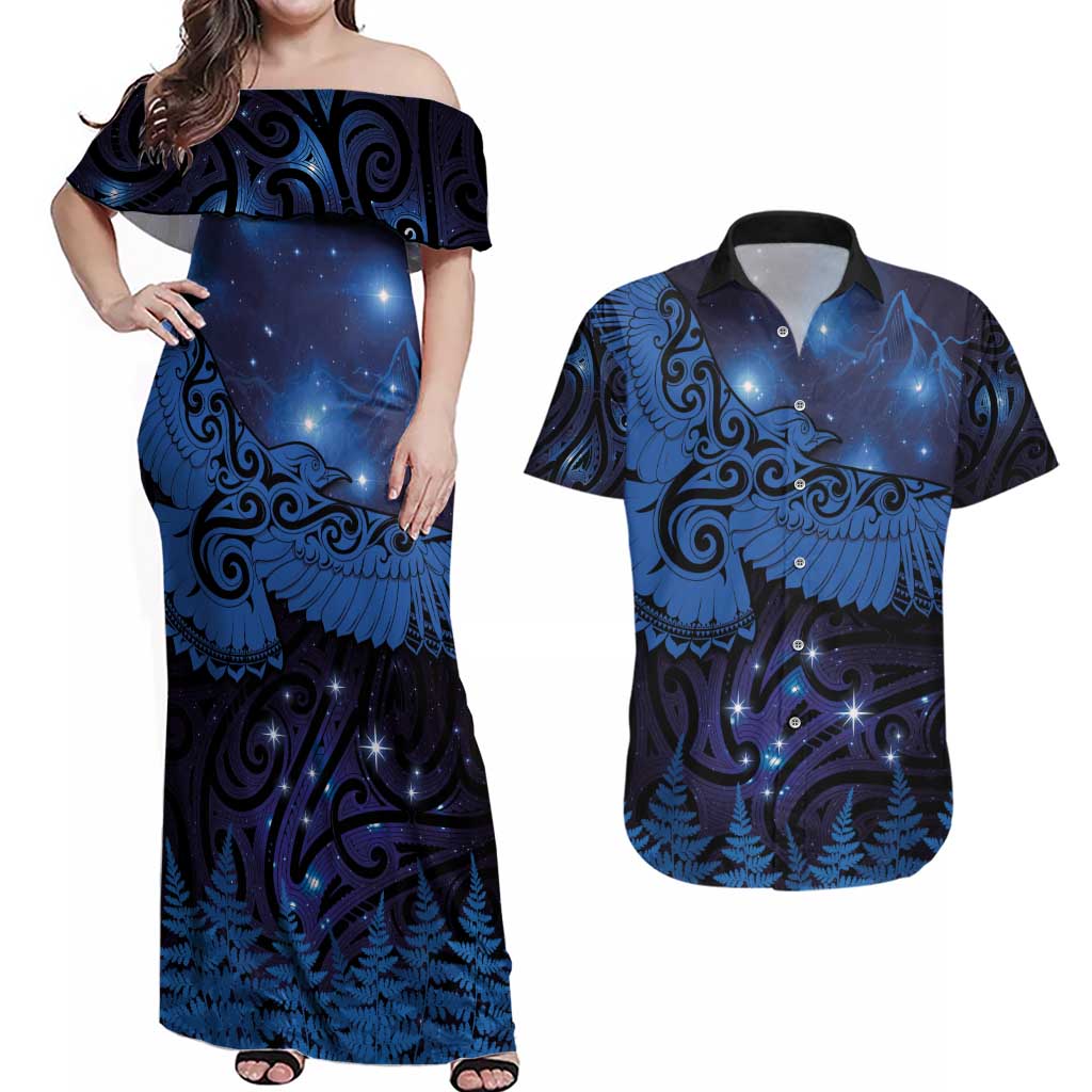 New Zealand Kea Bird Couples Matching Off Shoulder Maxi Dress and Hawaiian Shirt Maori Tattoo and Silver Fern Matariki Style LT03 Blue - Polynesian Pride