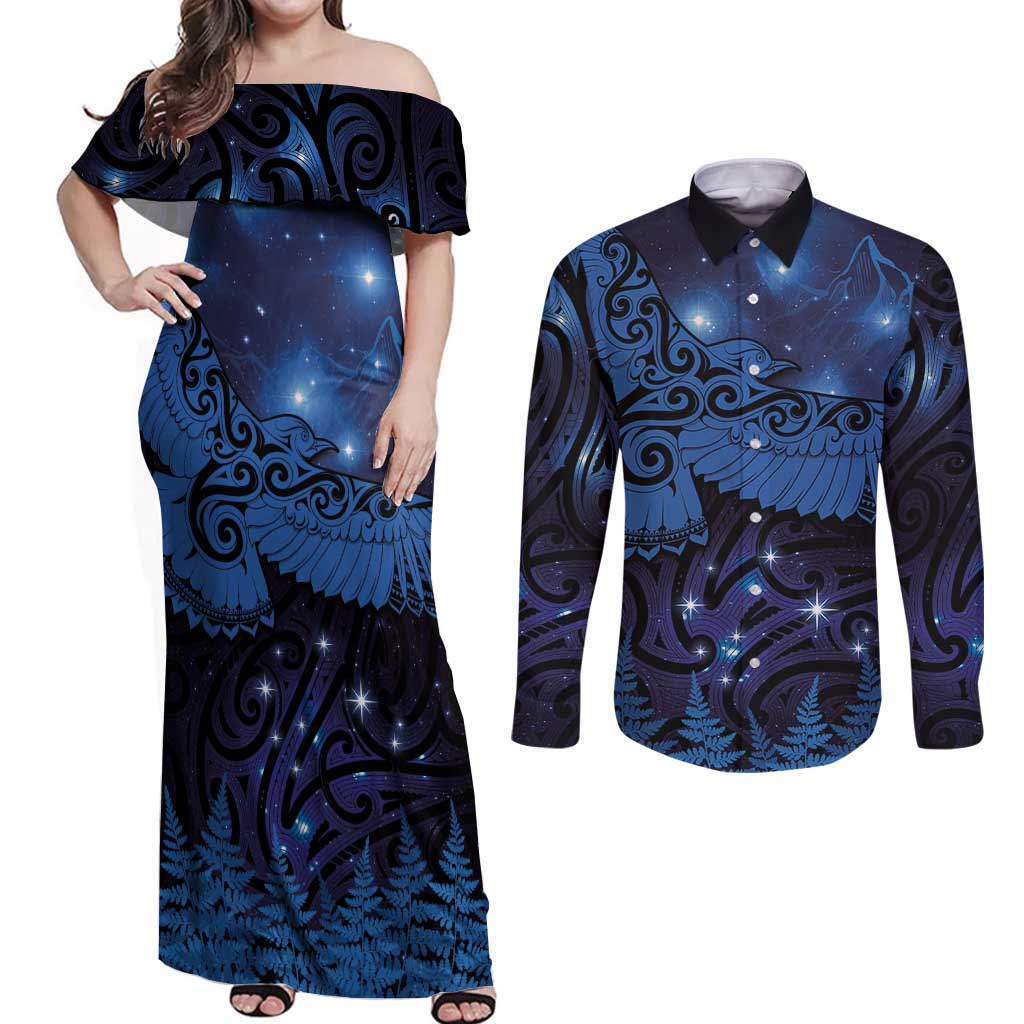 New Zealand Kea Bird Couples Matching Off Shoulder Maxi Dress and Long Sleeve Button Shirt Maori Tattoo and Silver Fern Matariki Style LT03 Blue - Polynesian Pride
