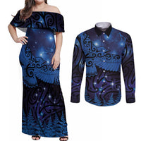New Zealand Kea Bird Couples Matching Off Shoulder Maxi Dress and Long Sleeve Button Shirt Maori Tattoo and Silver Fern Matariki Style LT03 Blue - Polynesian Pride