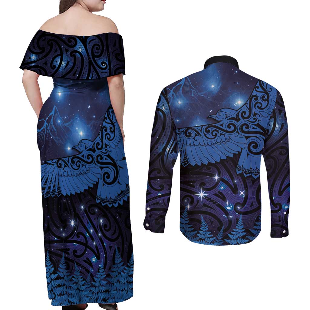 New Zealand Kea Bird Couples Matching Off Shoulder Maxi Dress and Long Sleeve Button Shirt Maori Tattoo and Silver Fern Matariki Style LT03 - Polynesian Pride