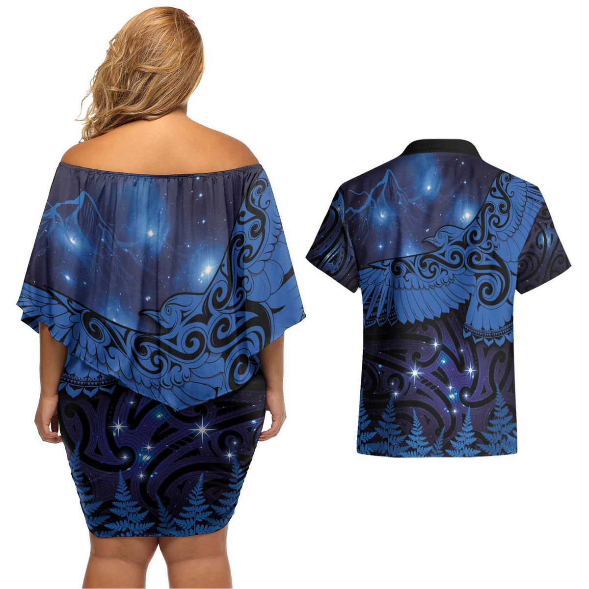 New Zealand Kea Bird Couples Matching Off Shoulder Short Dress and Hawaiian Shirt Maori Tattoo and Silver Fern Matariki Style LT03 - Polynesian Pride