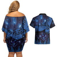 New Zealand Kea Bird Couples Matching Off Shoulder Short Dress and Hawaiian Shirt Maori Tattoo and Silver Fern Matariki Style LT03 - Polynesian Pride