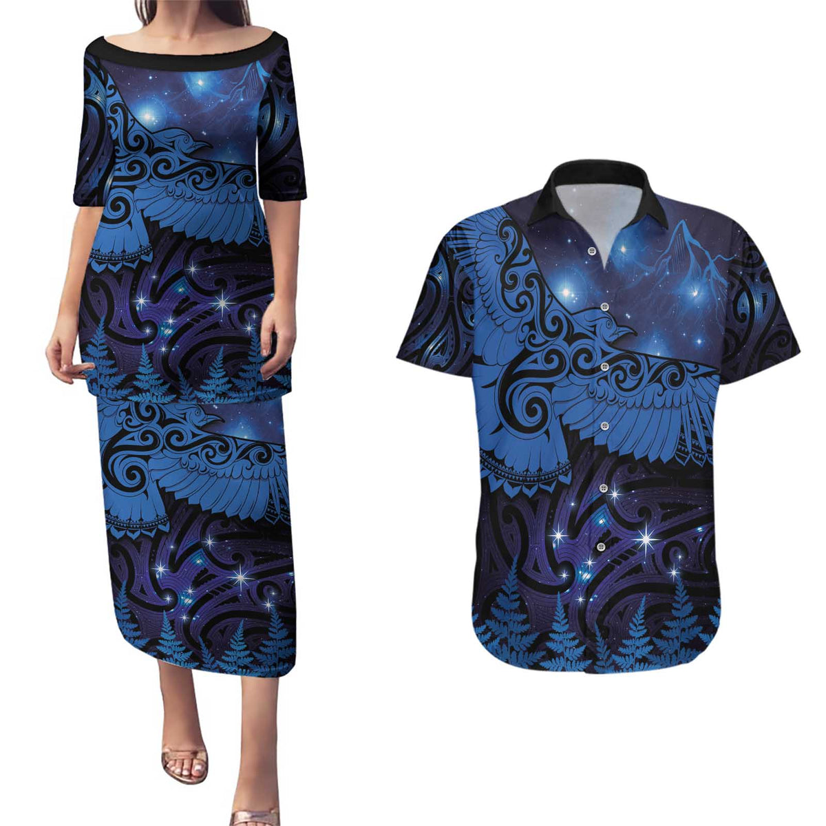 New Zealand Kea Bird Couples Matching Puletasi and Hawaiian Shirt Maori Tattoo and Silver Fern Matariki Style LT03 Blue - Polynesian Pride