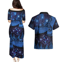 New Zealand Kea Bird Couples Matching Puletasi and Hawaiian Shirt Maori Tattoo and Silver Fern Matariki Style LT03 - Polynesian Pride