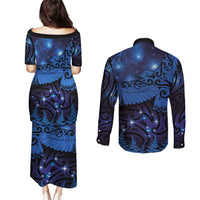 New Zealand Kea Bird Couples Matching Puletasi and Long Sleeve Button Shirt Maori Tattoo and Silver Fern Matariki Style