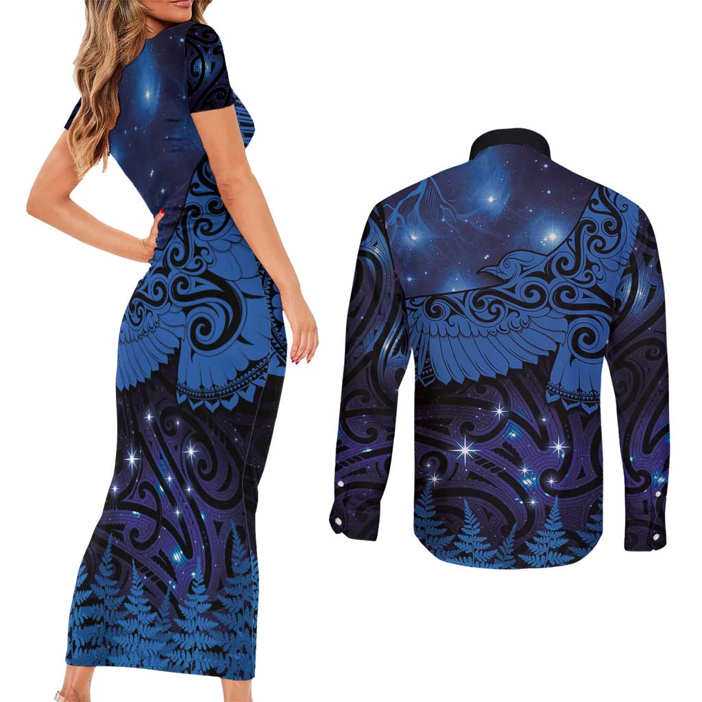 New Zealand Kea Bird Couples Matching Short Sleeve Bodycon Dress and Long Sleeve Button Shirt Maori Tattoo and Silver Fern Matariki Style LT03 - Polynesian Pride