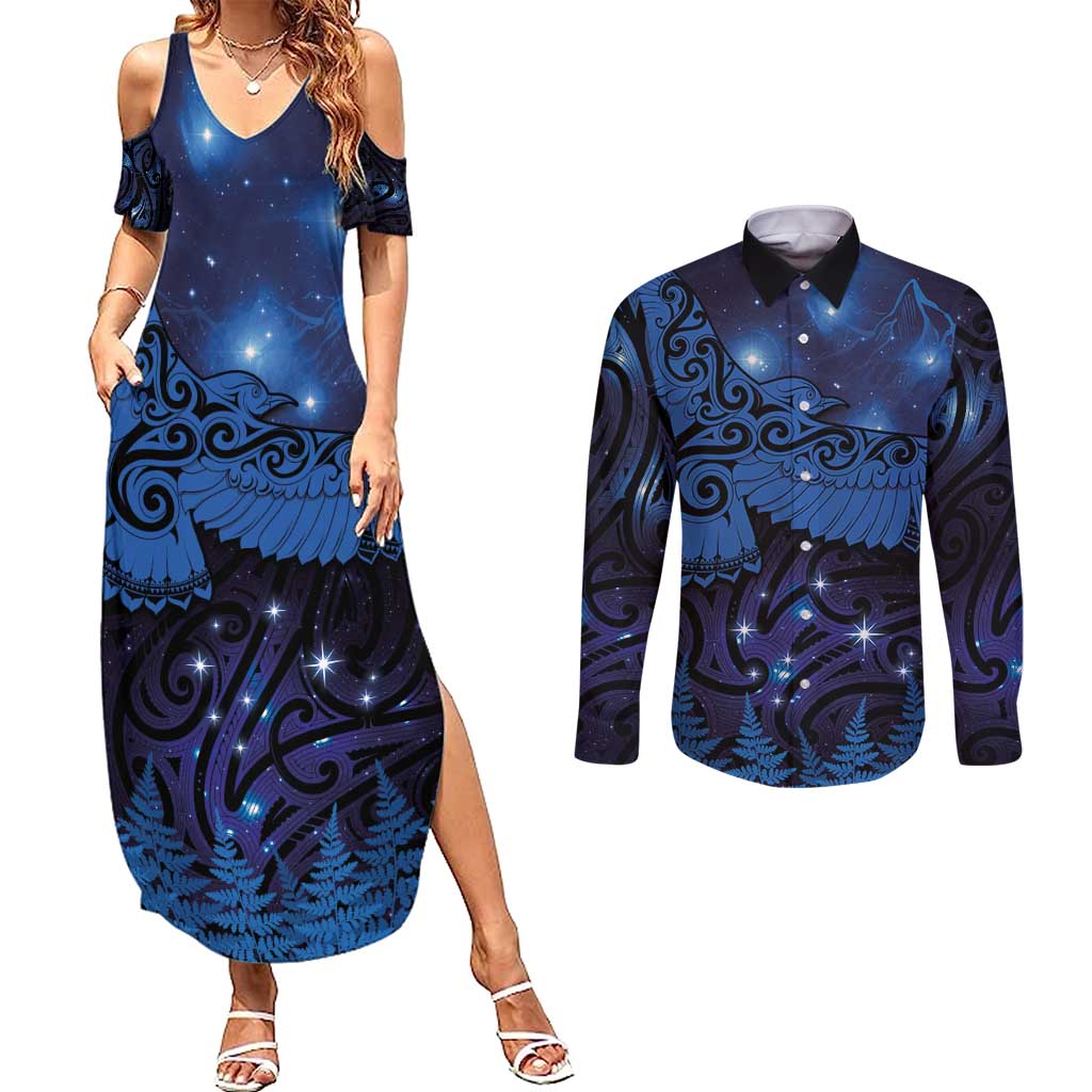 New Zealand Kea Bird Couples Matching Summer Maxi Dress and Long Sleeve Button Shirt Maori Tattoo and Silver Fern Matariki Style LT03 Blue - Polynesian Pride