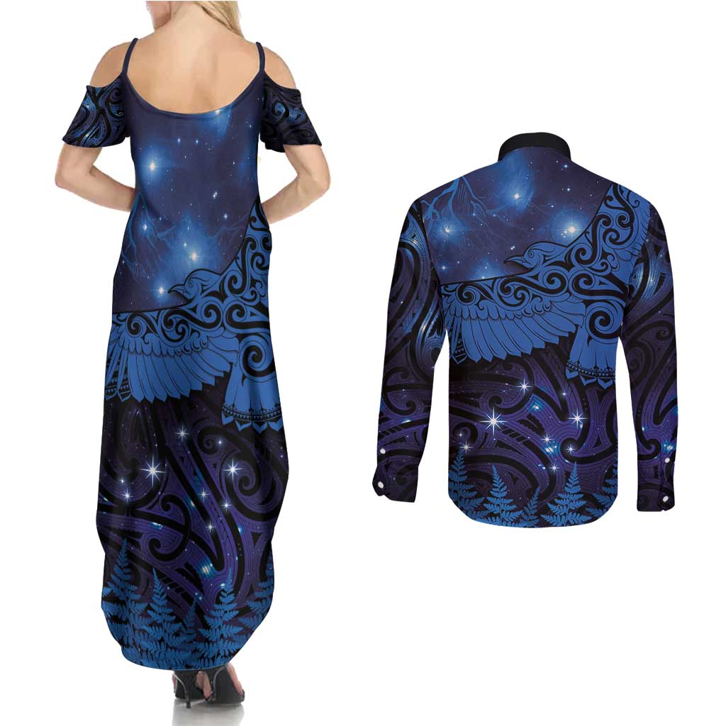 New Zealand Kea Bird Couples Matching Summer Maxi Dress and Long Sleeve Button Shirt Maori Tattoo and Silver Fern Matariki Style LT03 - Polynesian Pride