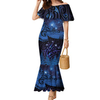 New Zealand Kea Bird Family Matching Mermaid Dress and Hawaiian Shirt Maori Tattoo and Silver Fern Matariki Style LT03 Mom's Dress Blue - Polynesian Pride