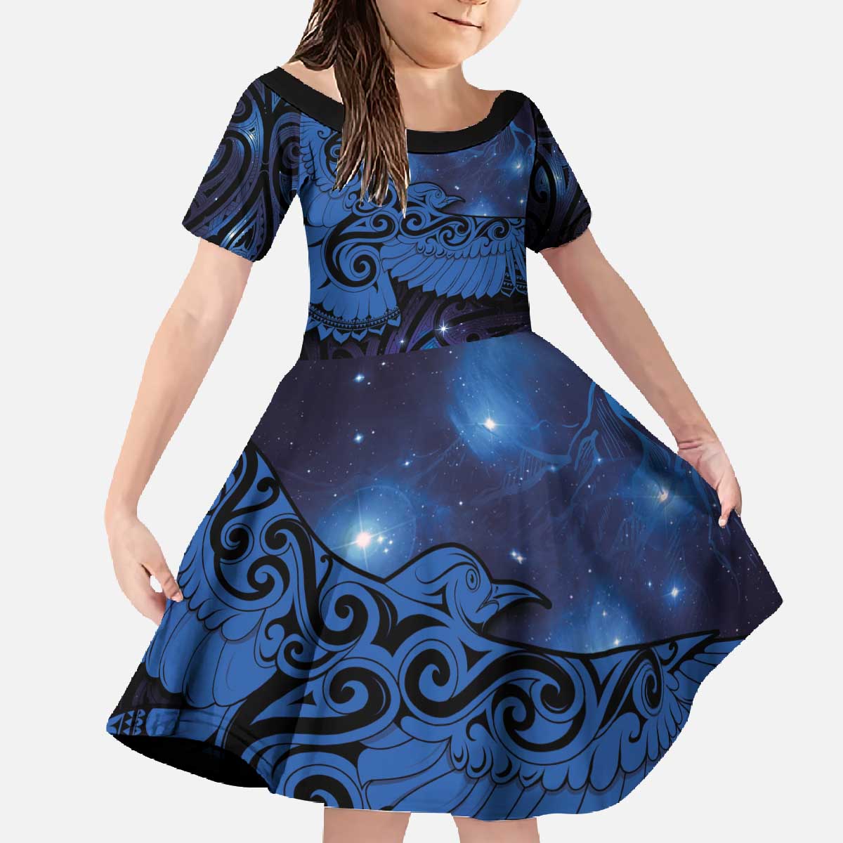 New Zealand Kea Bird Family Matching Off The Shoulder Long Sleeve Dress and Hawaiian Shirt Maori Tattoo and Silver Fern Matariki Style LT03 Daughter's Dress Blue - Polynesian Pride