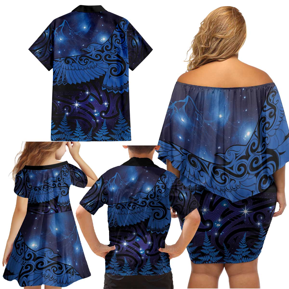 New Zealand Kea Bird Family Matching Off Shoulder Short Dress and Hawaiian Shirt Maori Tattoo and Silver Fern Matariki Style LT03 - Polynesian Pride