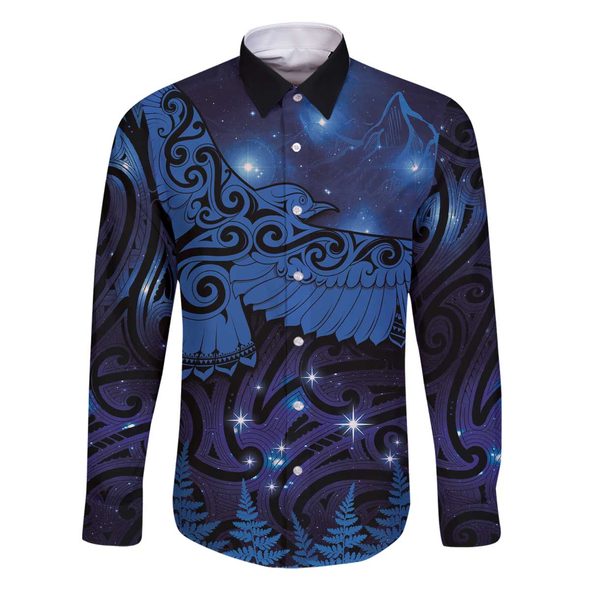 New Zealand Kea Bird Family Matching Off Shoulder Short Dress and Hawaiian Shirt Maori Tattoo and Silver Fern Matariki Style LT03 Dad's Shirt - Long Sleeve Blue - Polynesian Pride