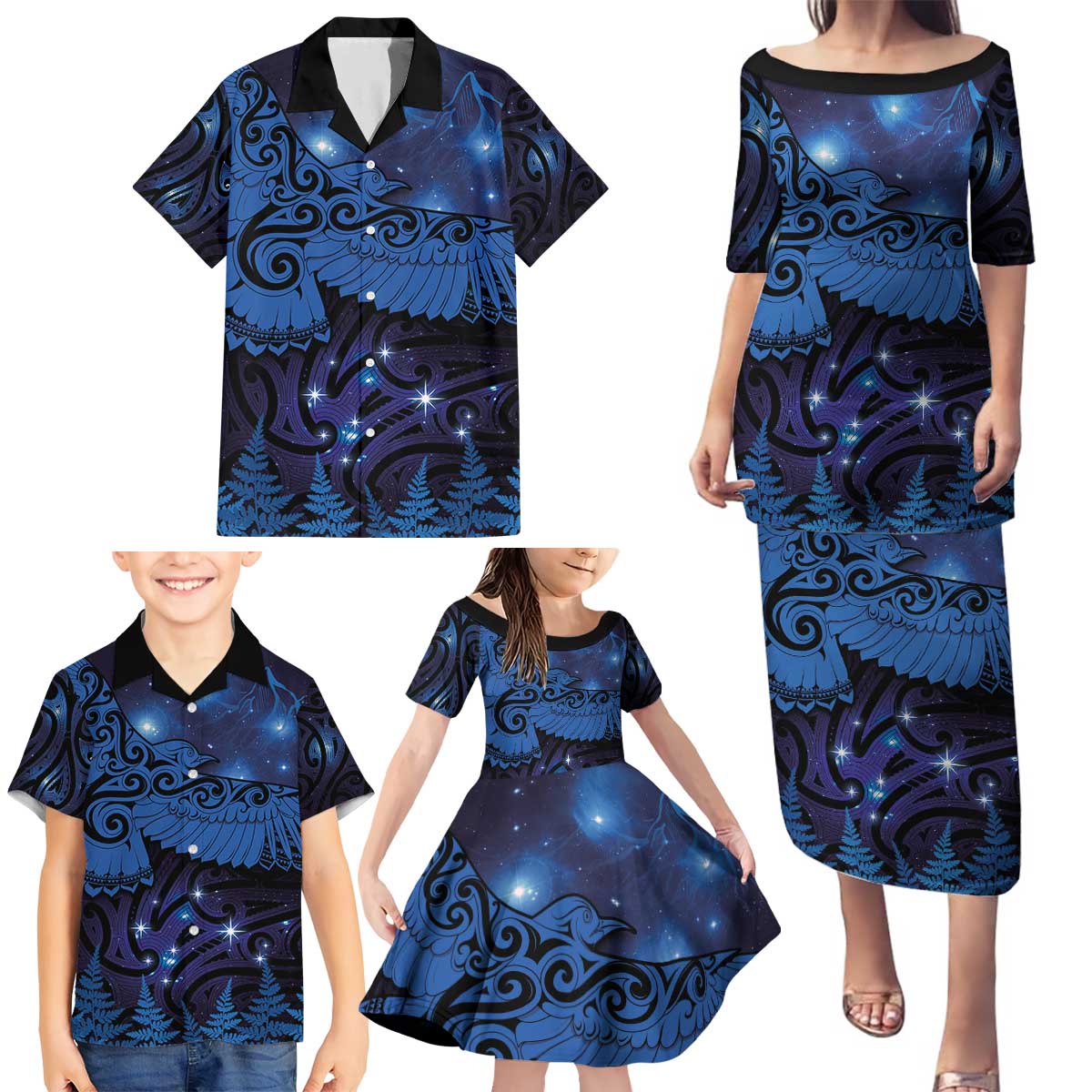 New Zealand Kea Bird Family Matching Puletasi and Hawaiian Shirt Maori Tattoo and Silver Fern Matariki Style LT03 - Polynesian Pride