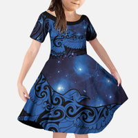 New Zealand Kea Bird Kid Short Sleeve Dress Maori Tattoo and Silver Fern Matariki Style LT03 KID Blue - Polynesian Pride
