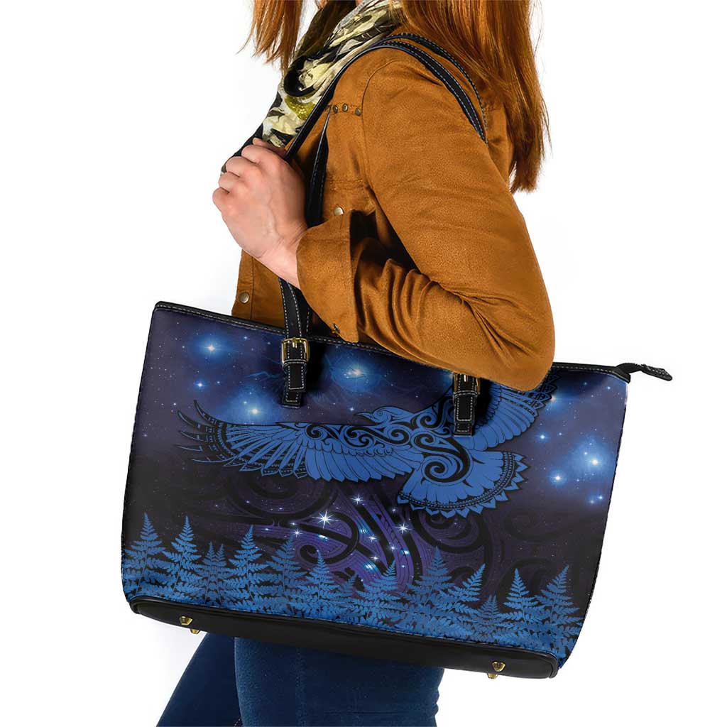 New Zealand Kea Bird Leather Tote Bag Maori Tattoo and Silver Fern Matariki Style LT03 Blue - Polynesian Pride