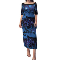New Zealand Kea Bird Puletasi Maori Tattoo and Silver Fern Matariki Style LT03 Long Dress Blue - Polynesian Pride