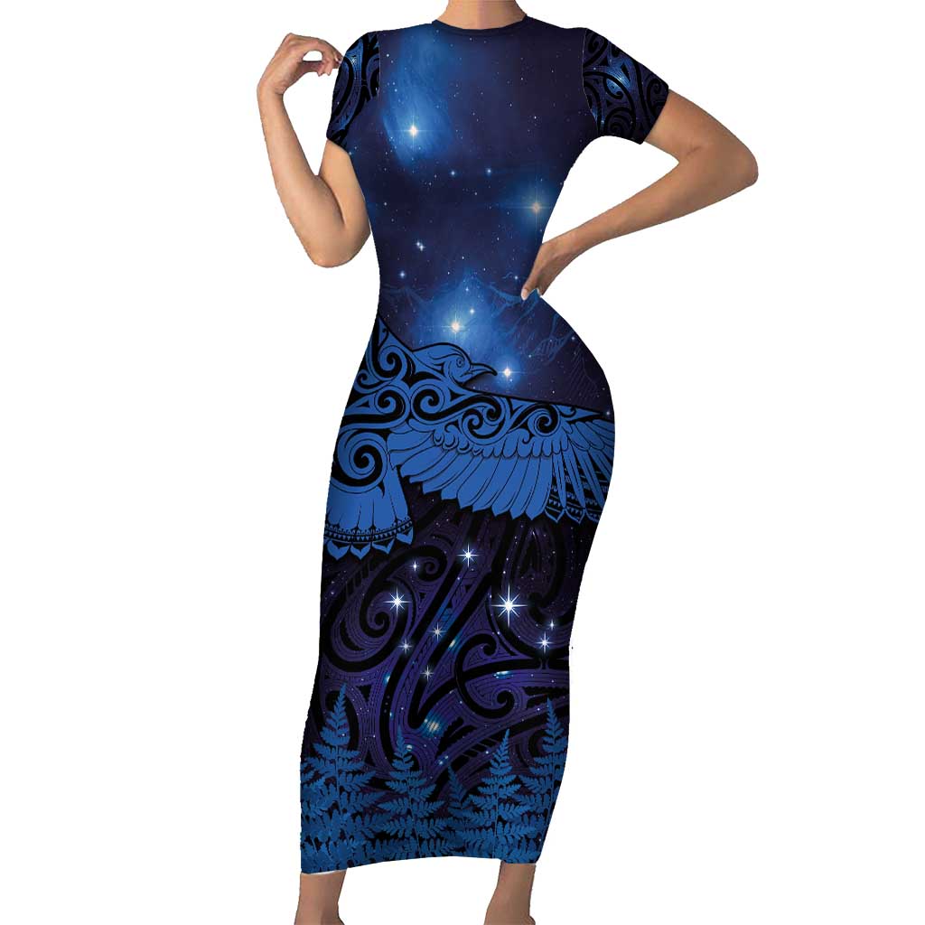 New Zealand Kea Bird Short Sleeve Bodycon Dress Maori Tattoo and Silver Fern Matariki Style LT03 Long Dress Blue - Polynesian Pride