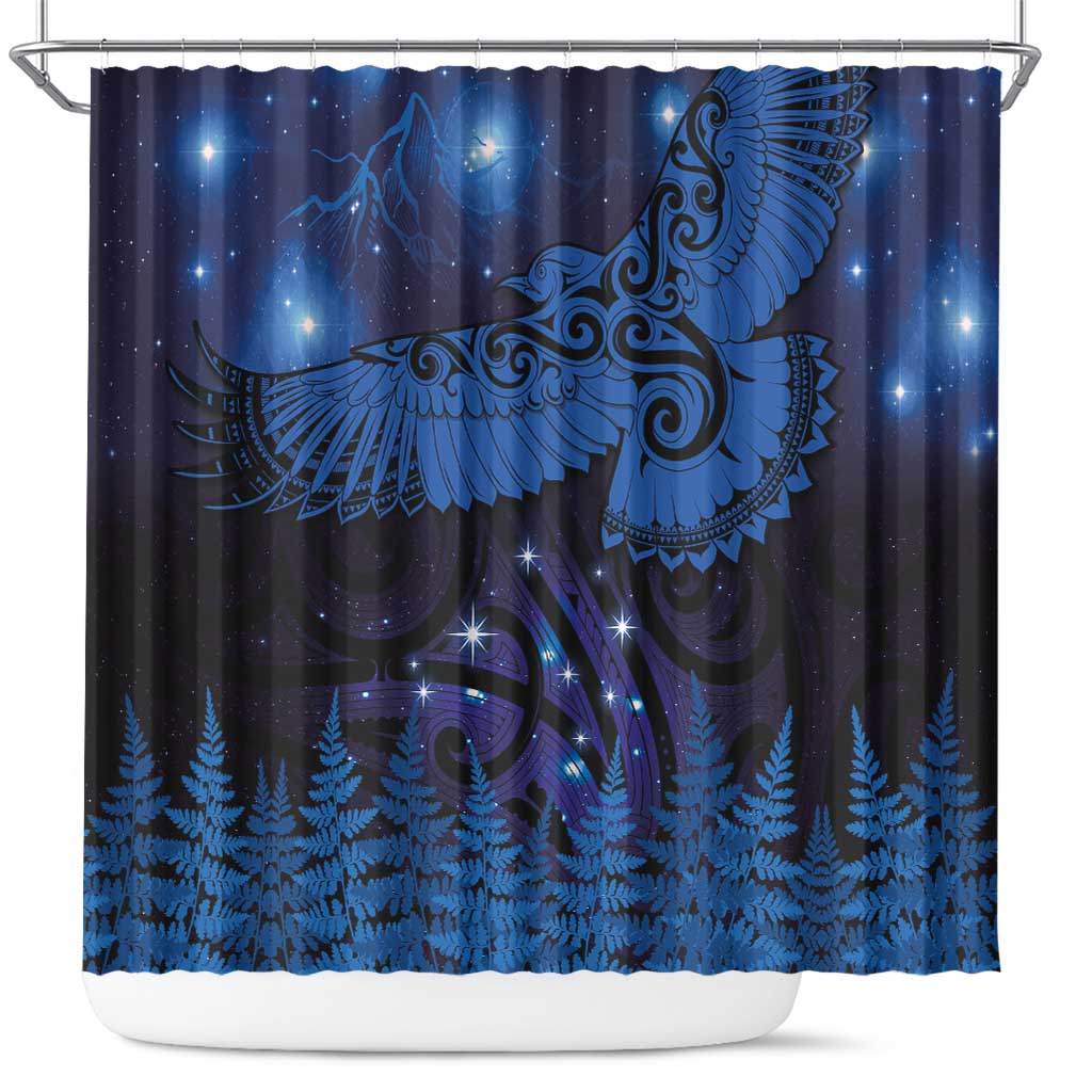 New Zealand Kea Bird Shower Curtain Maori Tattoo and Silver Fern Matariki Style LT03 Blue - Polynesian Pride