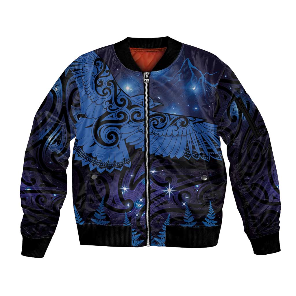 New Zealand Kea Bird Sleeve Zip Bomber Jacket Maori Tattoo and Silver Fern Matariki Style LT03 Unisex Blue - Polynesian Pride
