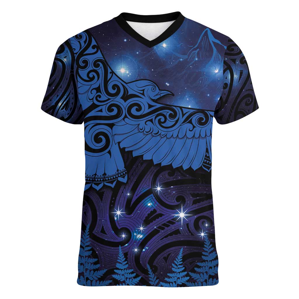 New Zealand Kea Bird Women V-Neck T-Shirt Maori Tattoo and Silver Fern Matariki Style LT03 Female Blue - Polynesian Pride