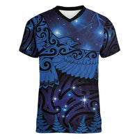 New Zealand Kea Bird Women V-Neck T-Shirt Maori Tattoo and Silver Fern Matariki Style LT03 Female Blue - Polynesian Pride