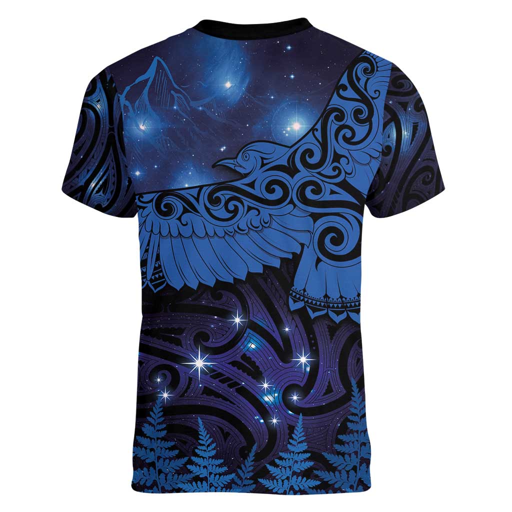 New Zealand Kea Bird Women V-Neck T-Shirt Maori Tattoo and Silver Fern Matariki Style LT03 - Polynesian Pride