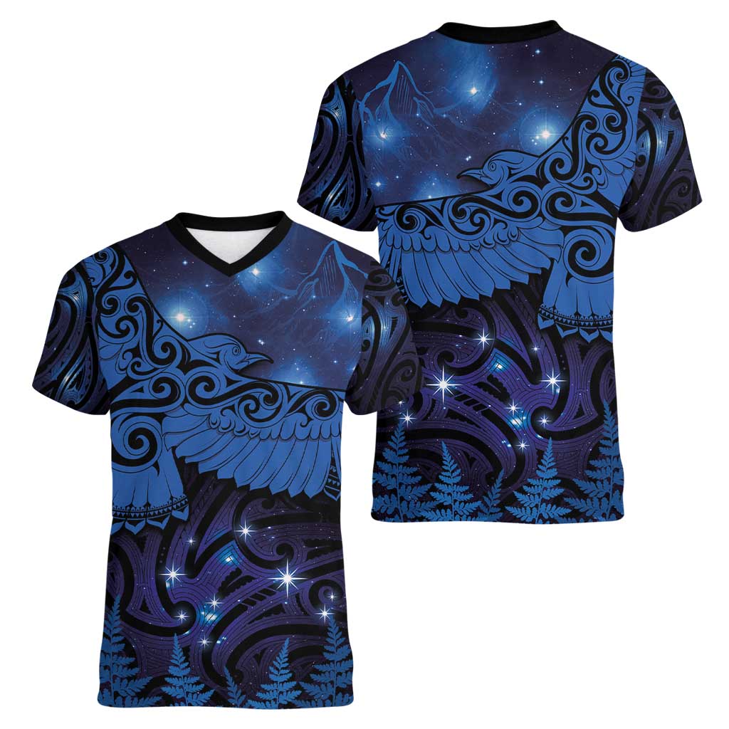 New Zealand Kea Bird Women V-Neck T-Shirt Maori Tattoo and Silver Fern Matariki Style LT03 - Polynesian Pride