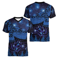 New Zealand Kea Bird Women V-Neck T-Shirt Maori Tattoo and Silver Fern Matariki Style LT03 - Polynesian Pride