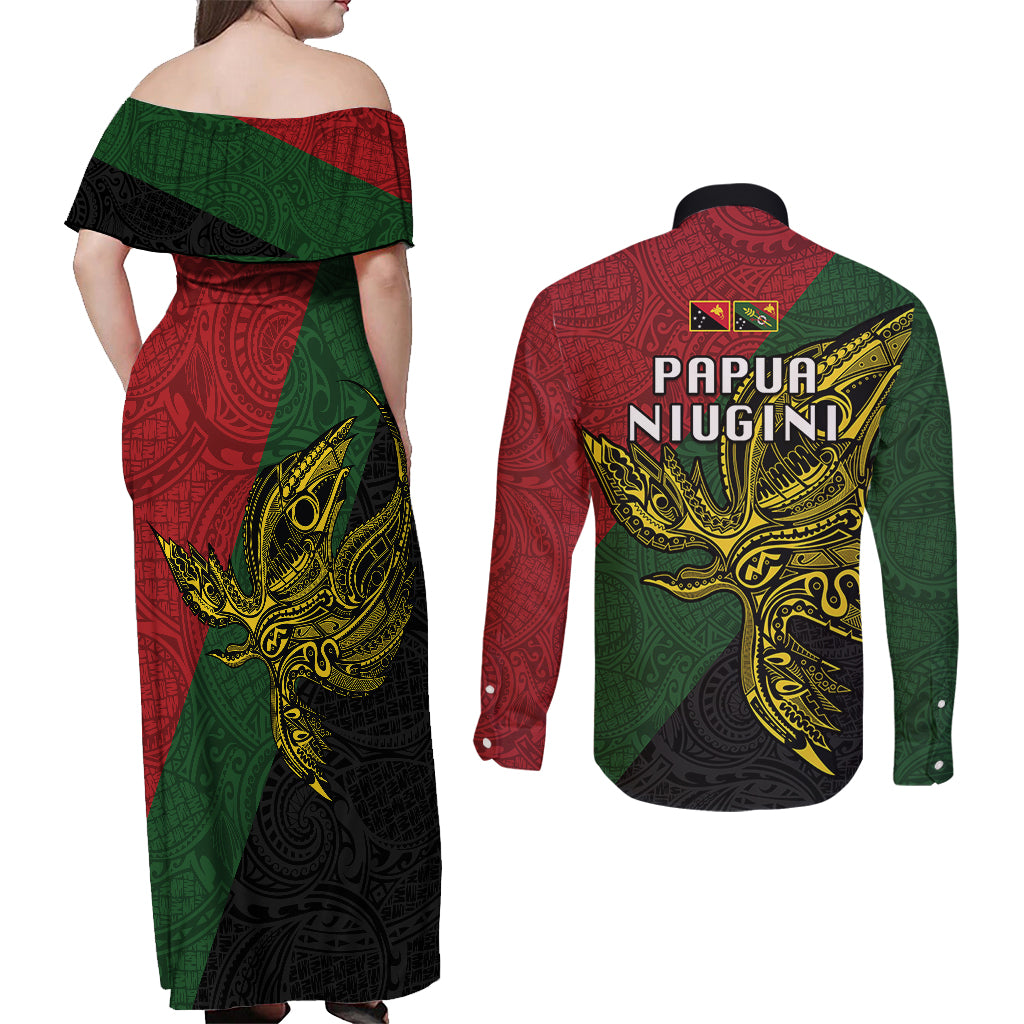 Papua New Guinea Chimbu Province Couples Matching Off Shoulder Maxi Dress and Long Sleeve Button Shirts PNG Birds Of Paradise Polynesian Arty Style LT03 - Polynesian Pride