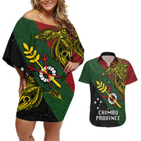 Papua New Guinea Chimbu Province Couples Matching Off Shoulder Short Dress and Hawaiian Shirt PNG Birds Of Paradise Polynesian Arty Style LT03 Green - Polynesian Pride
