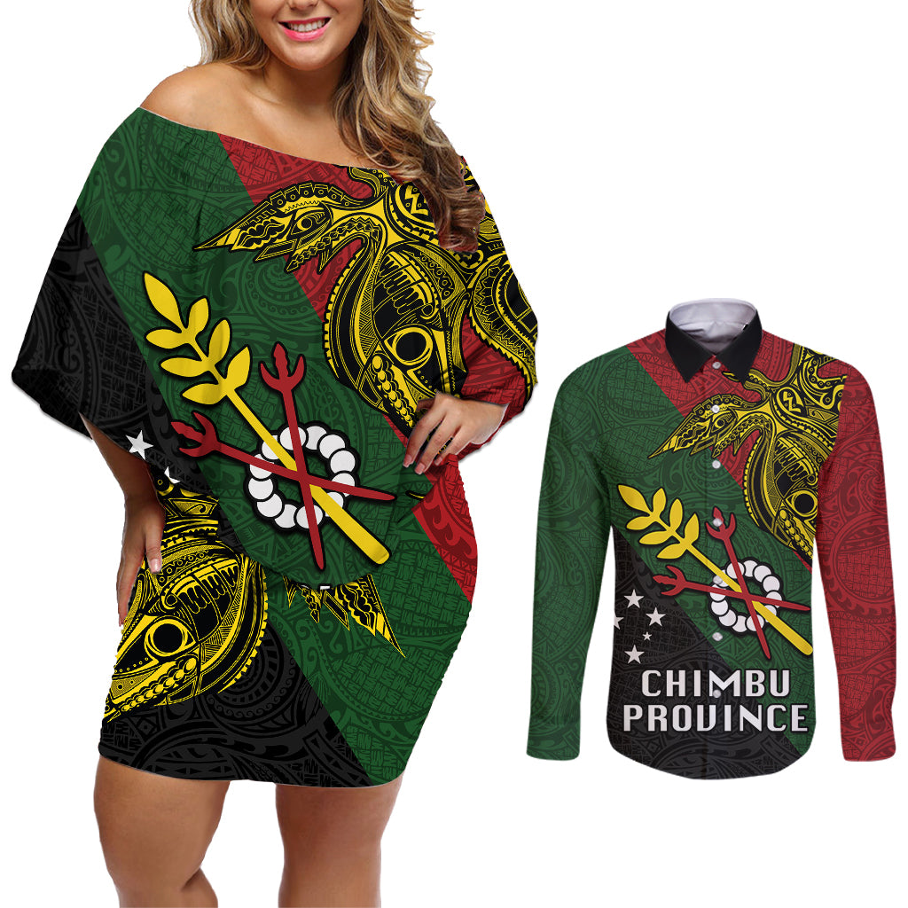 Papua New Guinea Chimbu Province Couples Matching Off Shoulder Short Dress and Long Sleeve Button Shirts PNG Birds Of Paradise Polynesian Arty Style LT03 Green - Polynesian Pride