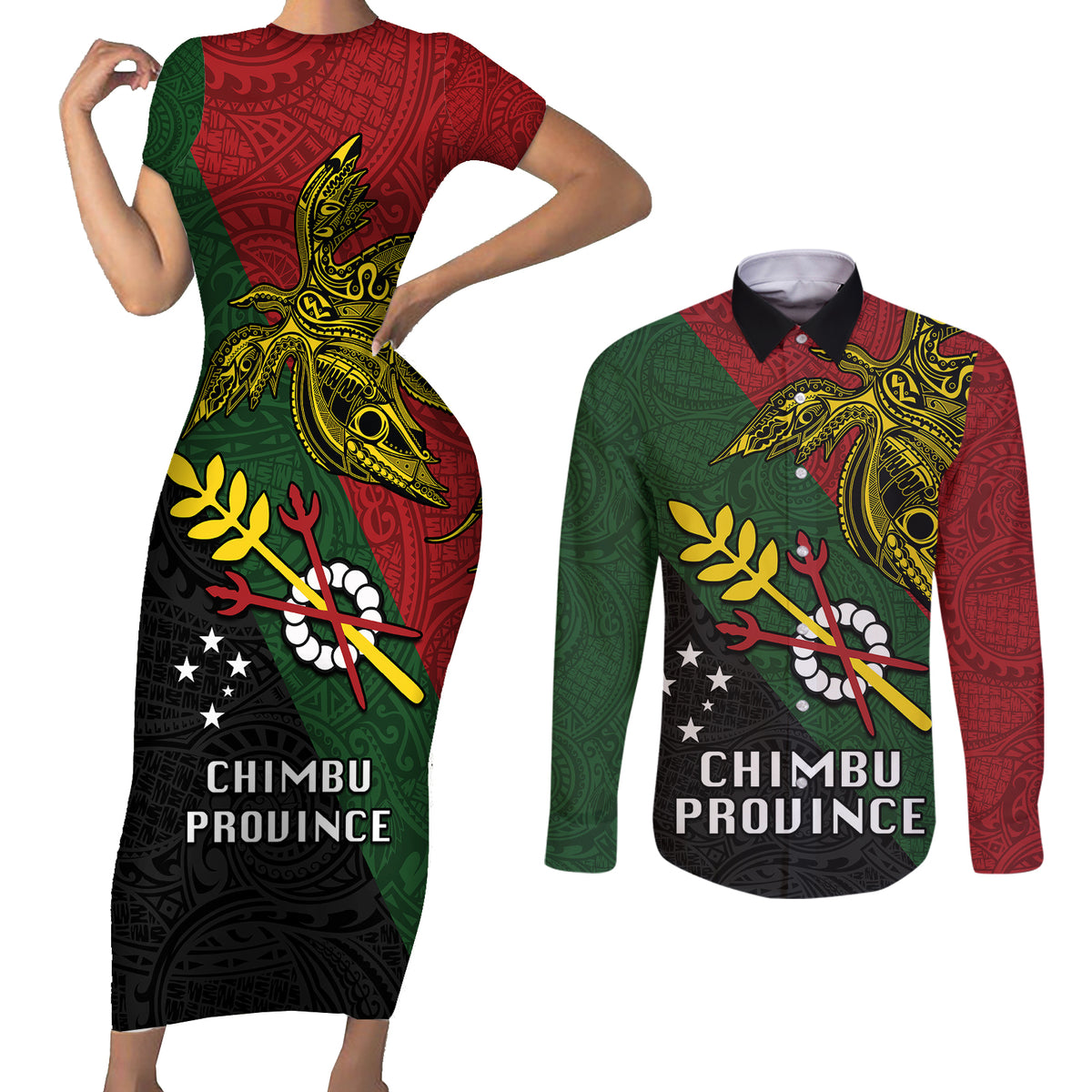 Papua New Guinea Chimbu Province Couples Matching Short Sleeve Bodycon Dress and Long Sleeve Button Shirts PNG Birds Of Paradise Polynesian Arty Style LT03 Green - Polynesian Pride