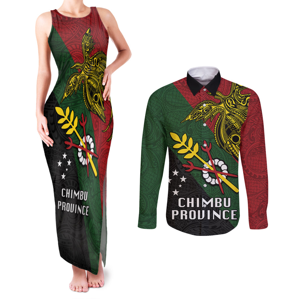 Papua New Guinea Chimbu Province Couples Matching Tank Maxi Dress and Long Sleeve Button Shirts PNG Birds Of Paradise Polynesian Arty Style LT03 Green - Polynesian Pride