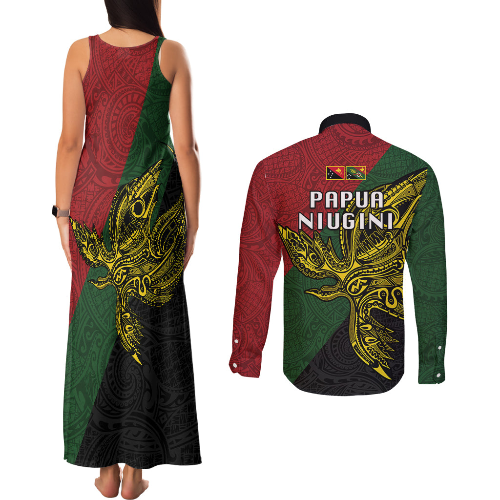 Papua New Guinea Chimbu Province Couples Matching Tank Maxi Dress and Long Sleeve Button Shirts PNG Birds Of Paradise Polynesian Arty Style LT03 - Polynesian Pride