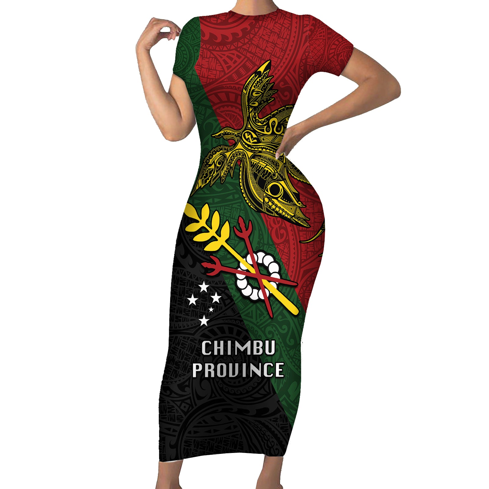 Papua New Guinea Chimbu Province Short Sleeve Bodycon Dress PNG Birds Of Paradise Polynesian Arty Style LT03 Long Dress Green - Polynesian Pride