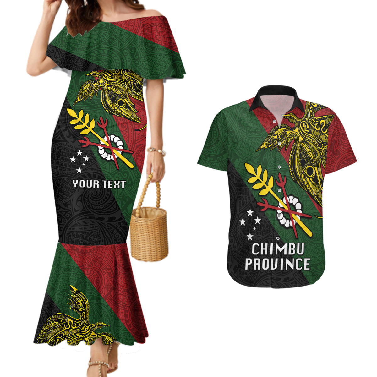 Custom Papua New Guinea Chimbu Province Couples Matching Mermaid Dress and Hawaiian Shirt PNG Birds Of Paradise Polynesian Arty Style LT03 Green - Polynesian Pride