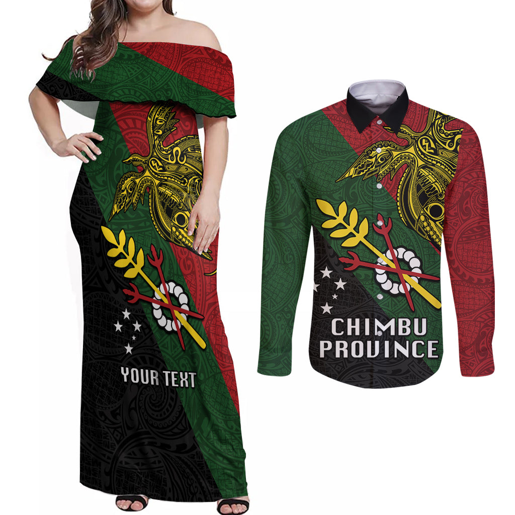 Custom Papua New Guinea Chimbu Province Couples Matching Off Shoulder Maxi Dress and Long Sleeve Button Shirts PNG Birds Of Paradise Polynesian Arty Style LT03 Green - Polynesian Pride